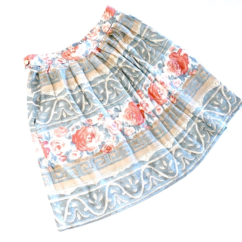 VINTAGE 80s 90s Pleated Floral Greek Key Skirt Size Medium